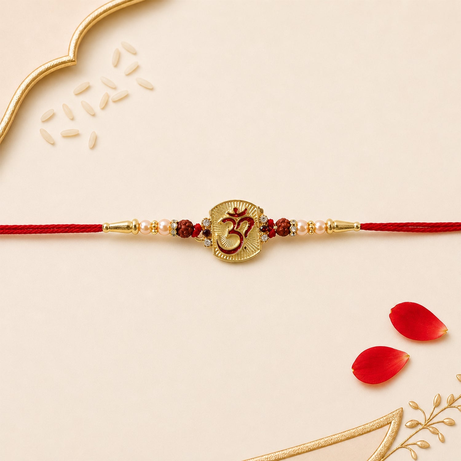 Side angle of Om Designer Rakhi with Rudraksha Beads