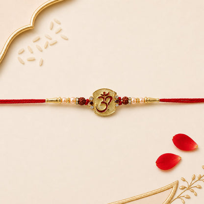 Side angle of Om Designer Rakhi with Rudraksha Beads