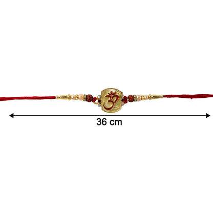 Om Designer Rakhi with Rudraksha Beads on white background