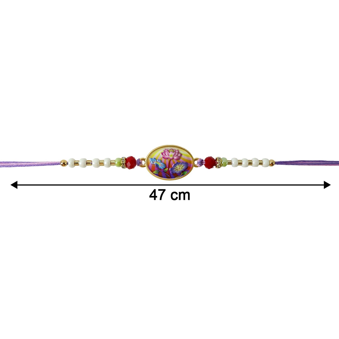 Decorative floral pattern on designer rakhi with purple thread