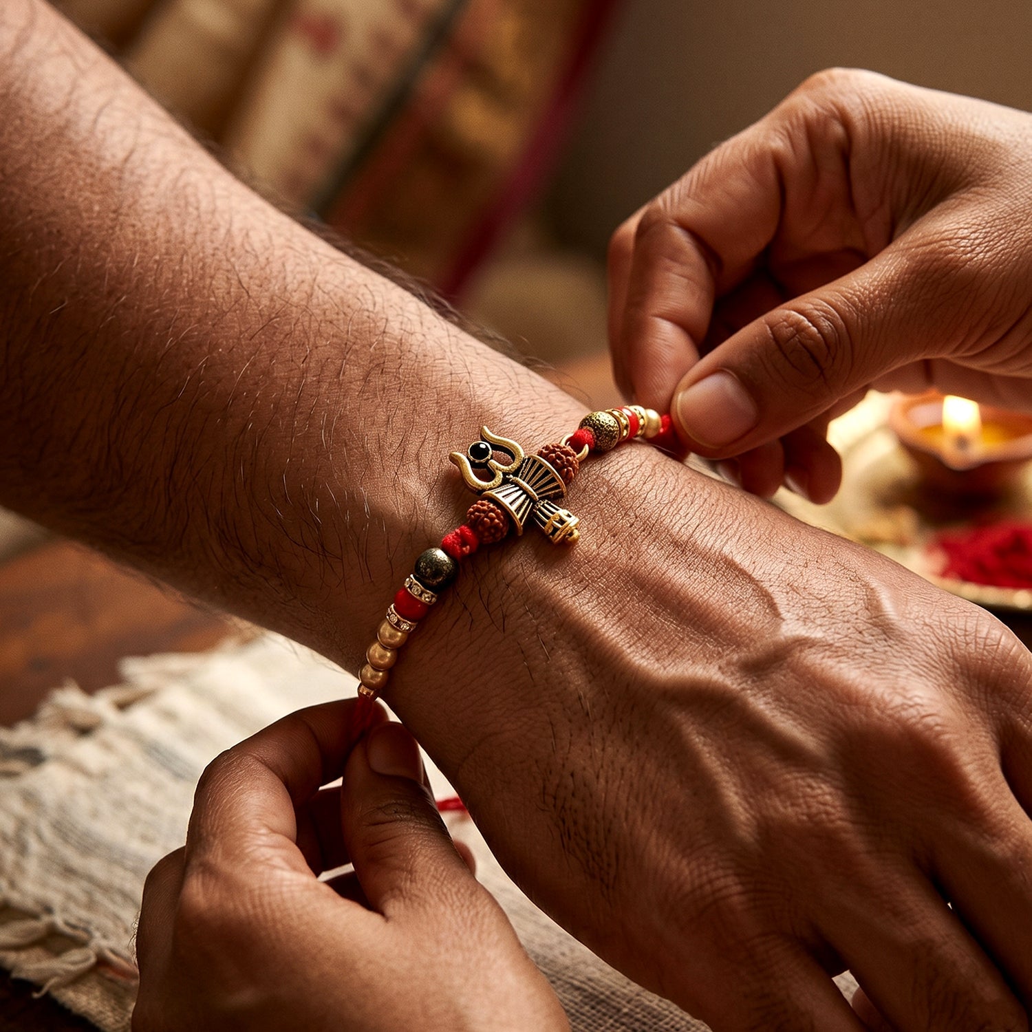 Close-up of Damru Trishul rakhi beads detail