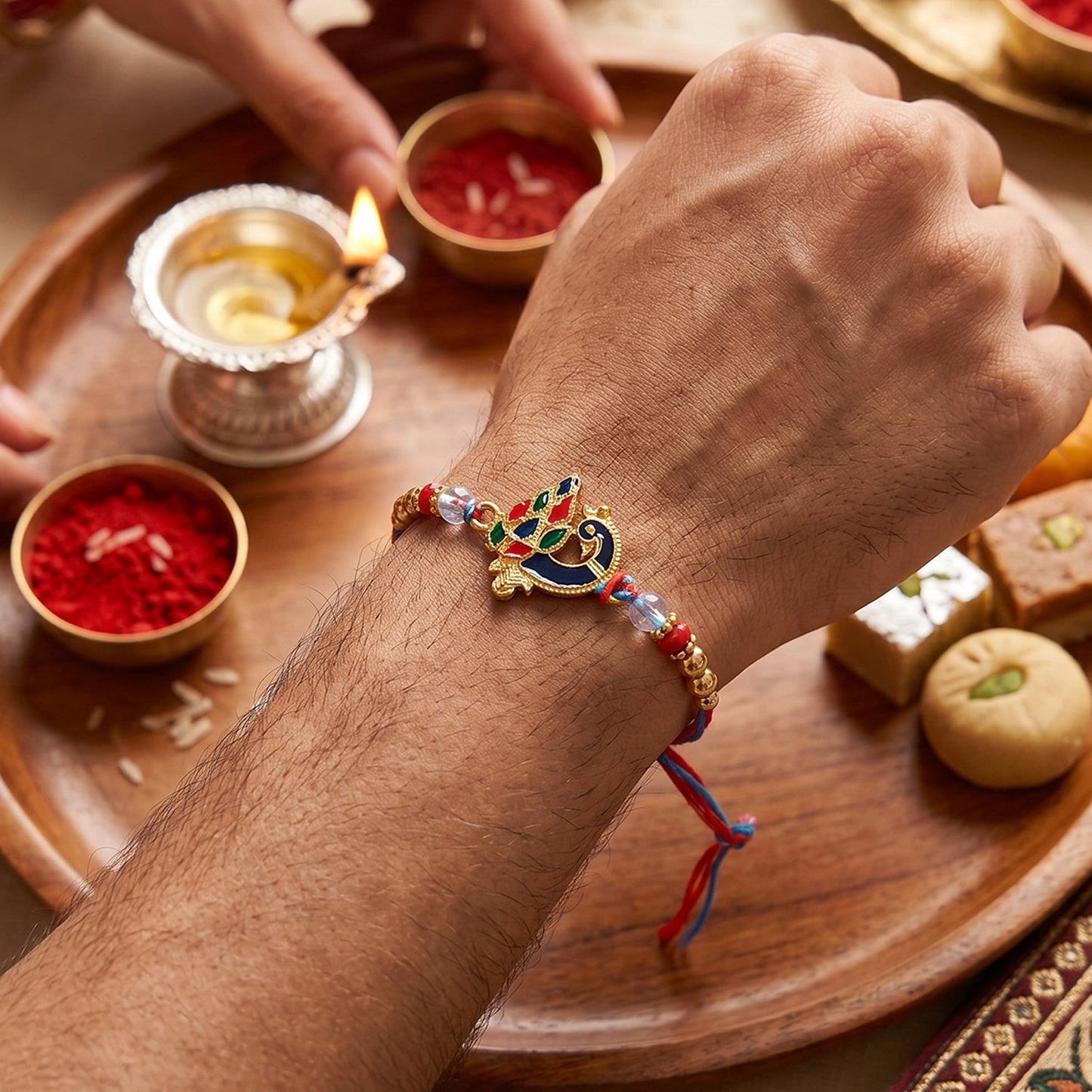 Close up of Peacock Designer Rakhi colorful beads