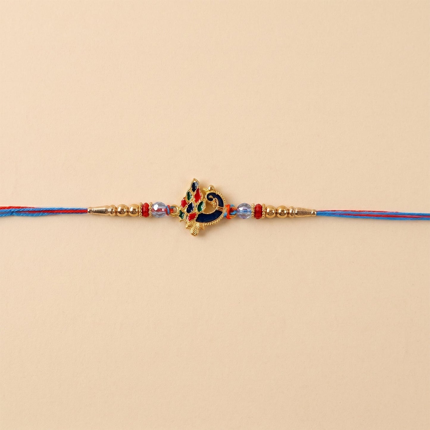 Peacock Designer Rakhi detailed look of beads and thread