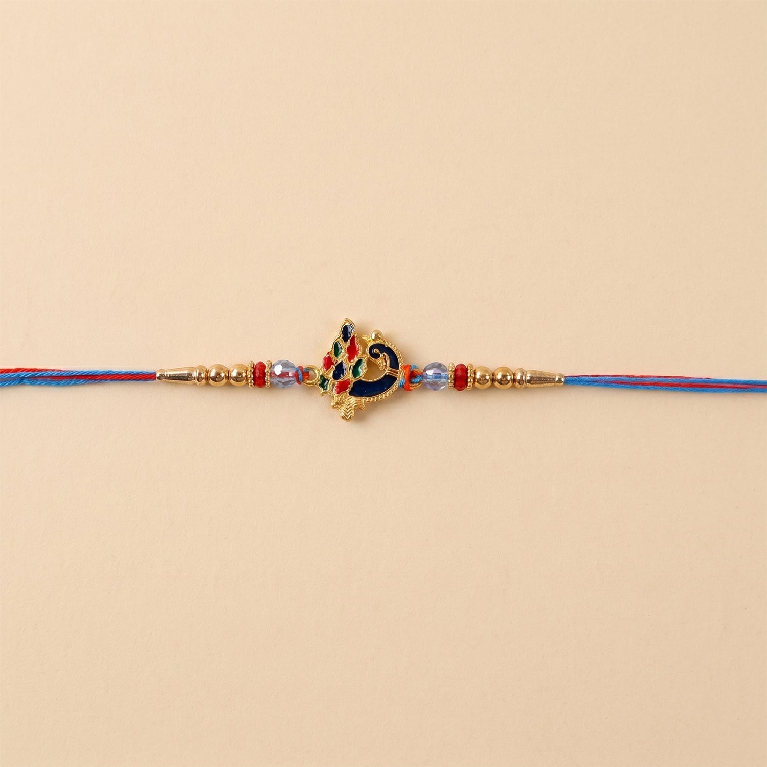 Peacock Designer Rakhi detailed look of beads and thread