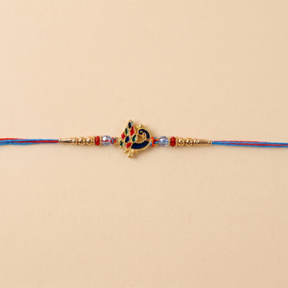 Peacock Designer Rakhi detailed look of beads and thread