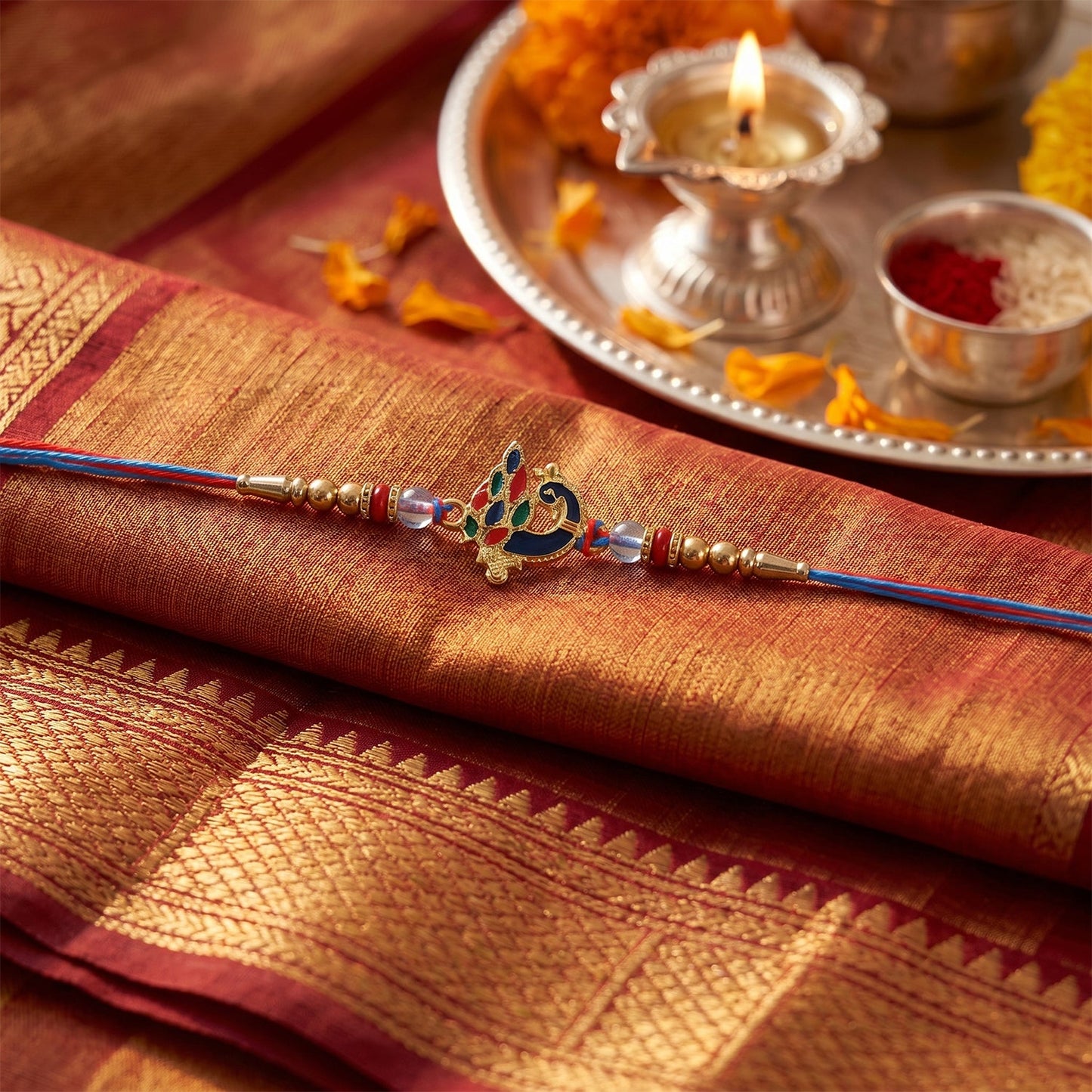 Peacock Designer Rakhi tied on thread showing traditional design