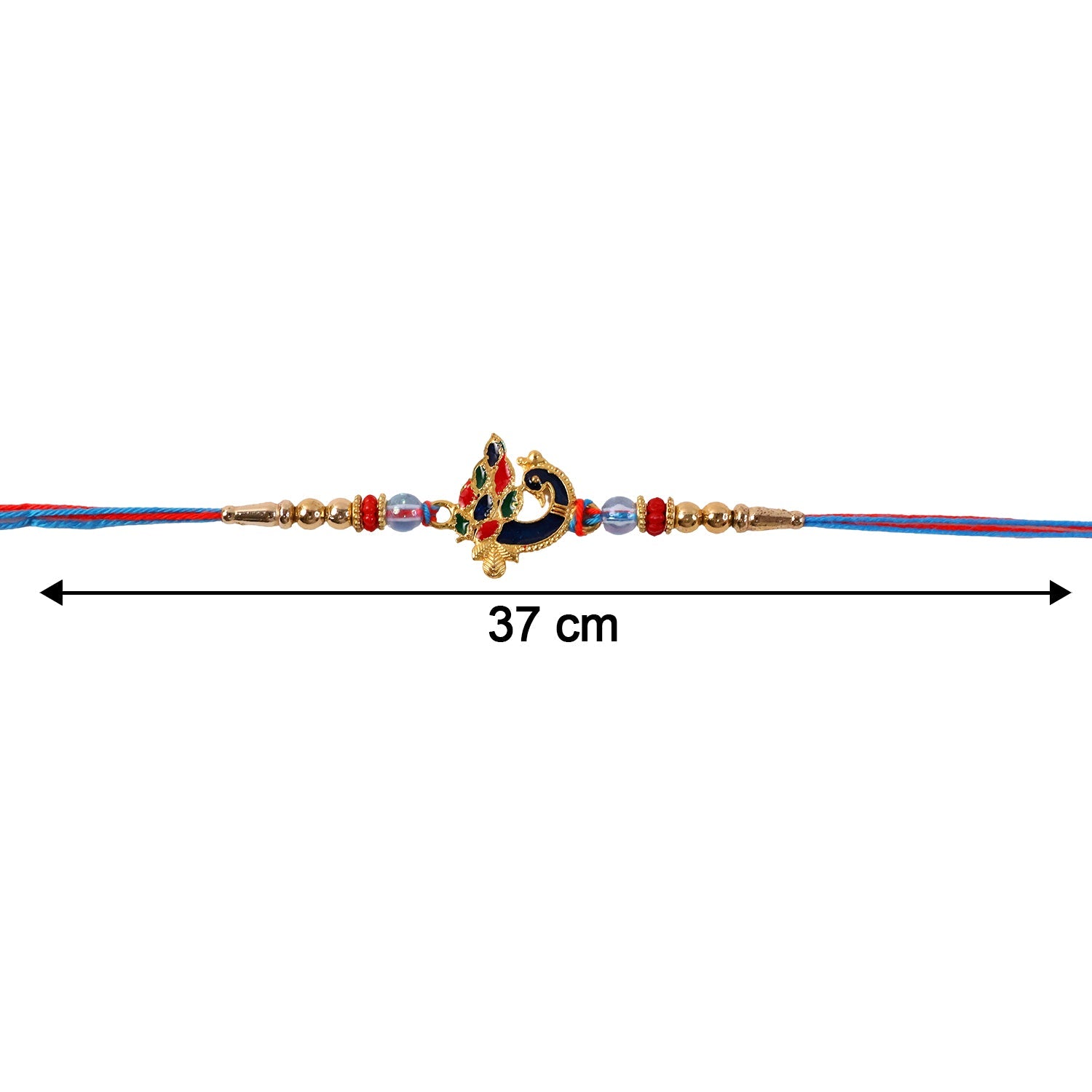 Peacock Designer Rakhi laid out with colorful beads and threads