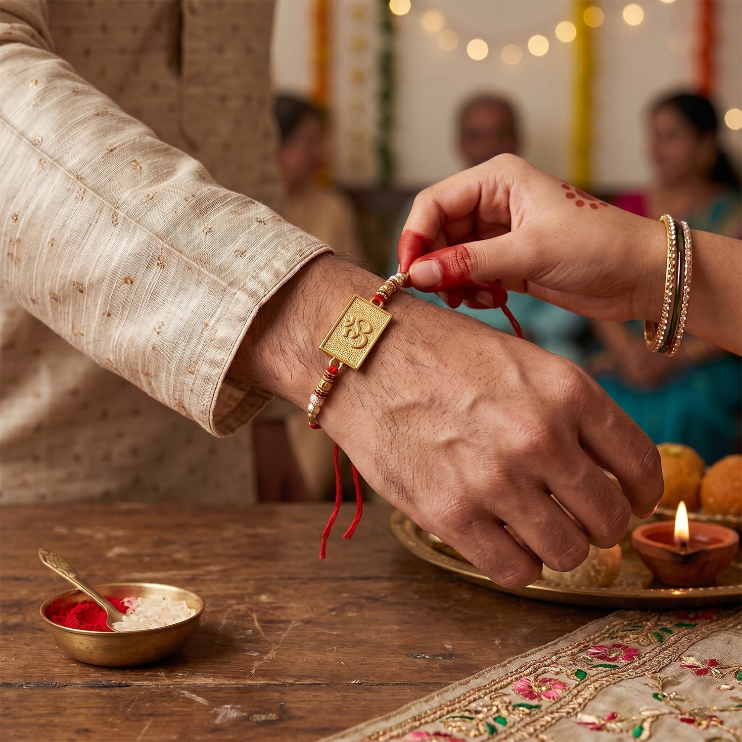 Close-up of Om symbol on rakhi gold plate