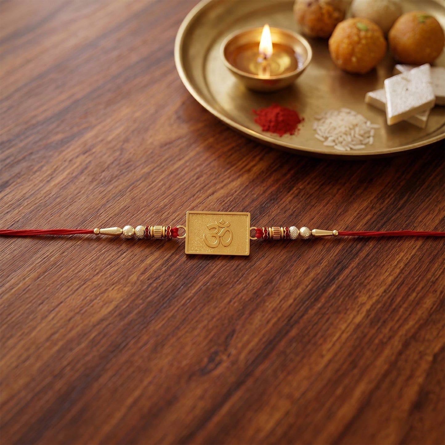 Side view of Om designer rakhi with vibrant red thread