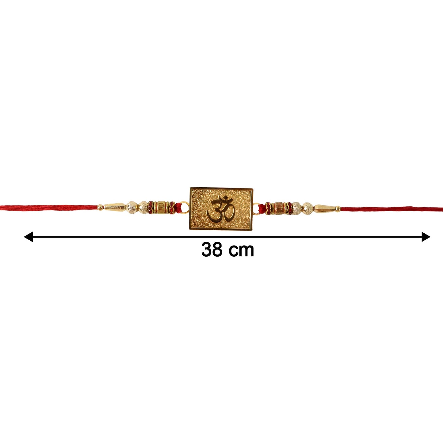 Hand holding Om designer rakhi with red thread
