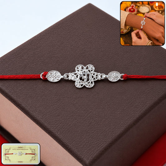 Silver Floral Om Designer Rakhi with Red Thread (1 Pc)