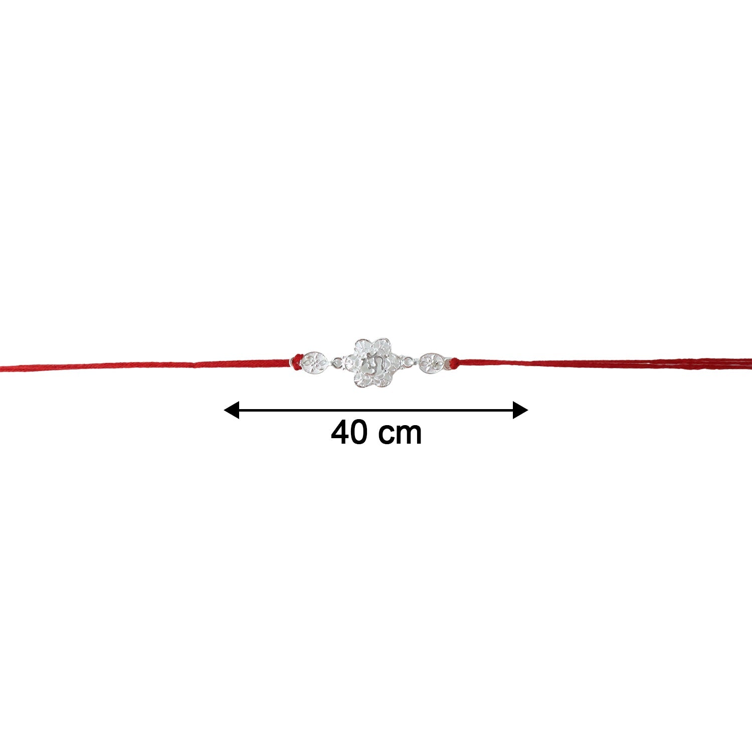 Red thread tied to silver floral Om rakhi close-up