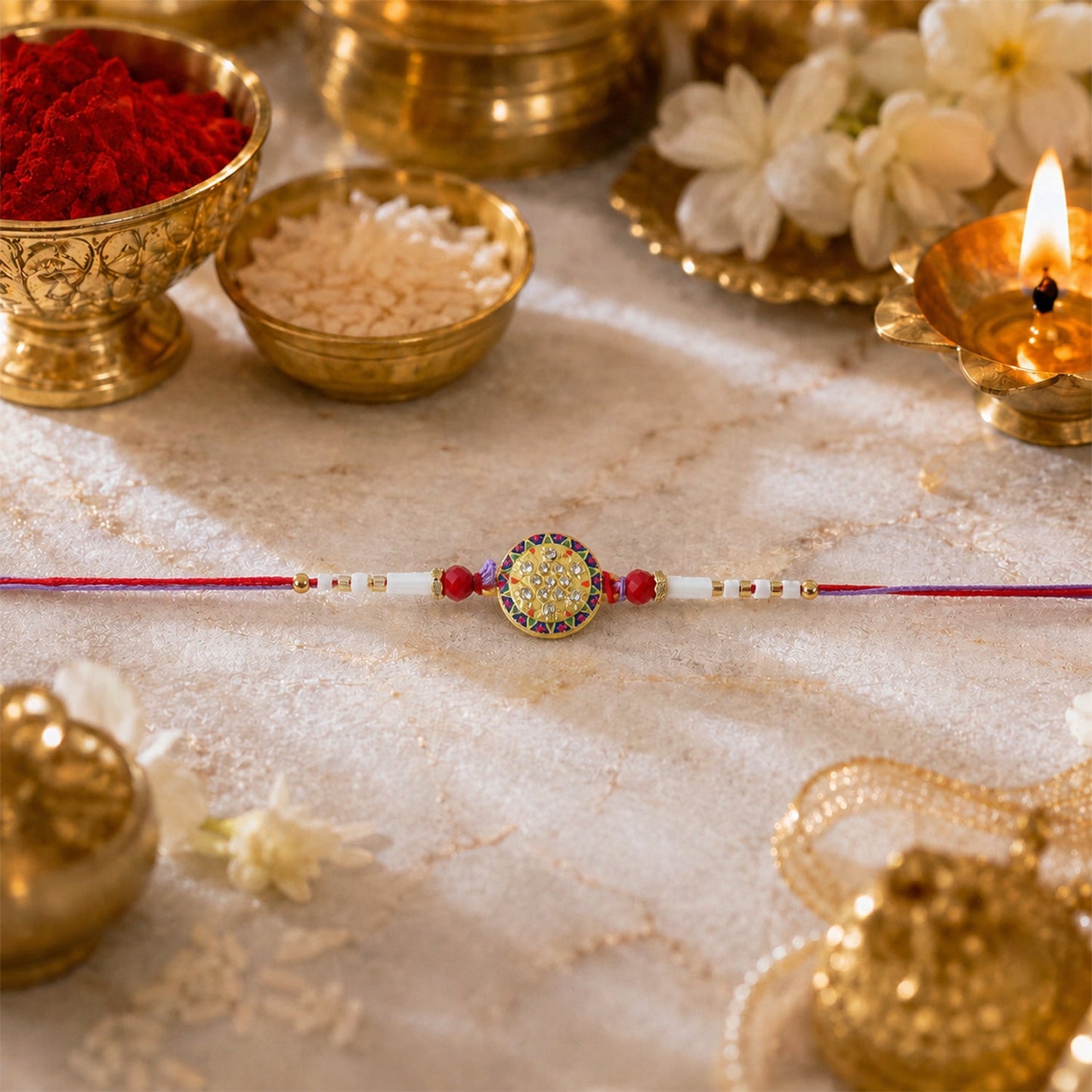Designer Round Stone Rakhi with White Beads close-up
