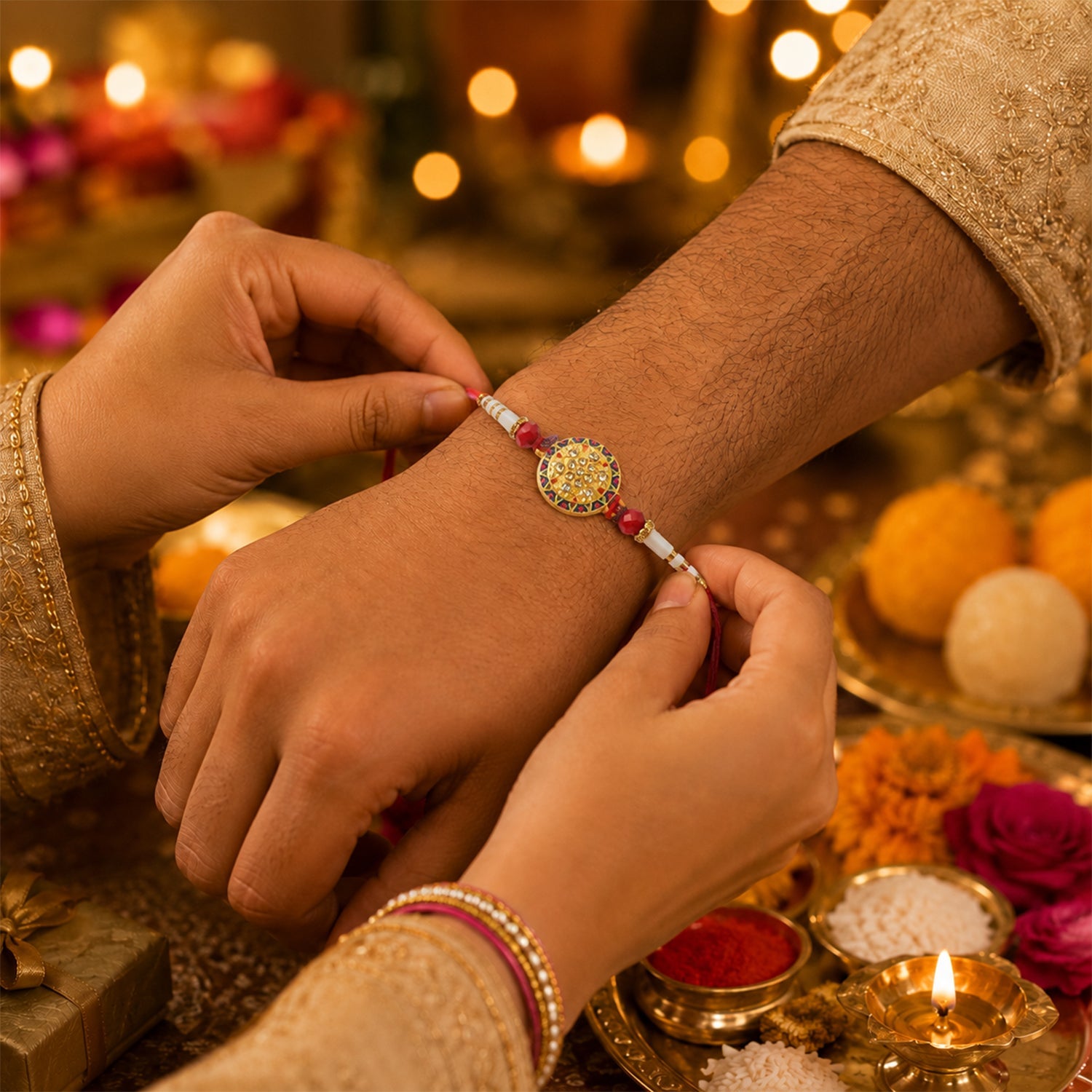 Designer Round Stone Rakhi with White Beads side view