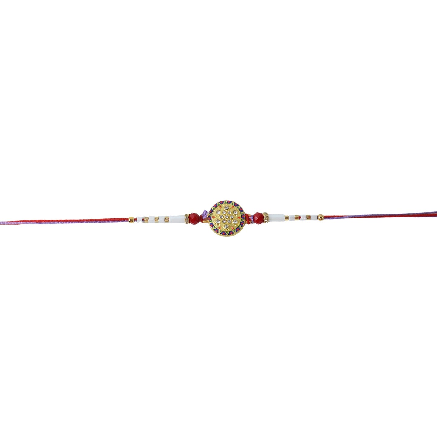 Designer Round Stone Rakhi with White Beads festive setup