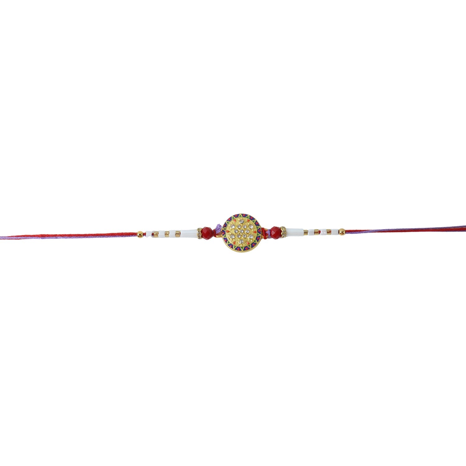 Designer Round Stone Rakhi with White Beads festive setup