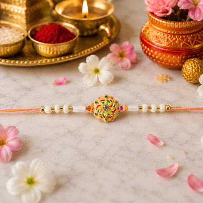 Side view of round floral designer rakhi