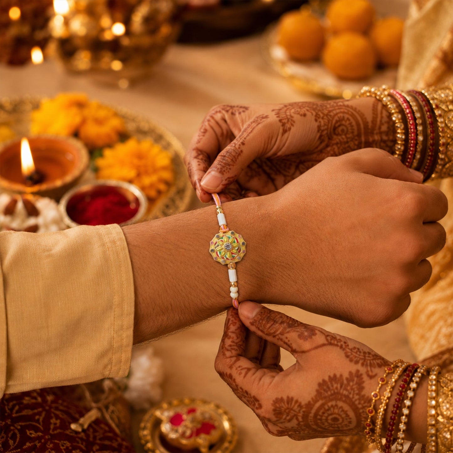Close-up of white beads on floral rakhi