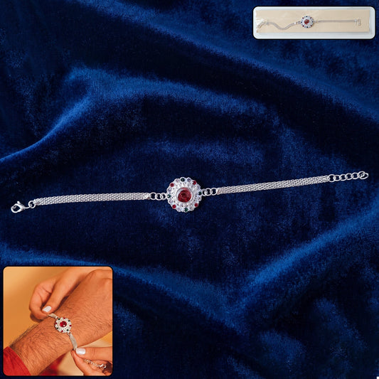 Silver Stone Chain Rakhi with Red Center Stone (1 Pc)