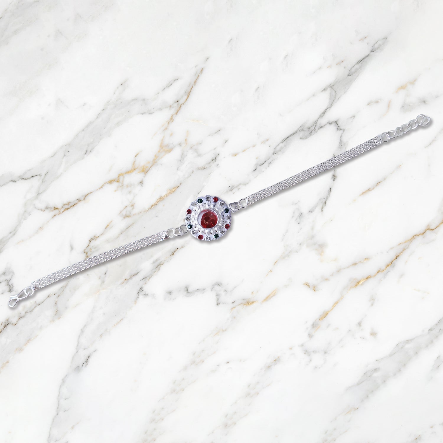 Silver Stone Chain Rakhi with vibrant red center