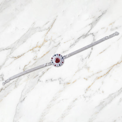 Silver Stone Chain Rakhi with vibrant red center