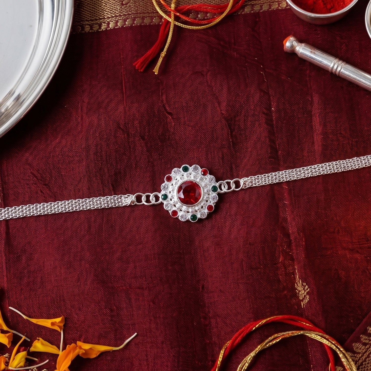 Elegant Silver Stone Chain Rakhi side view