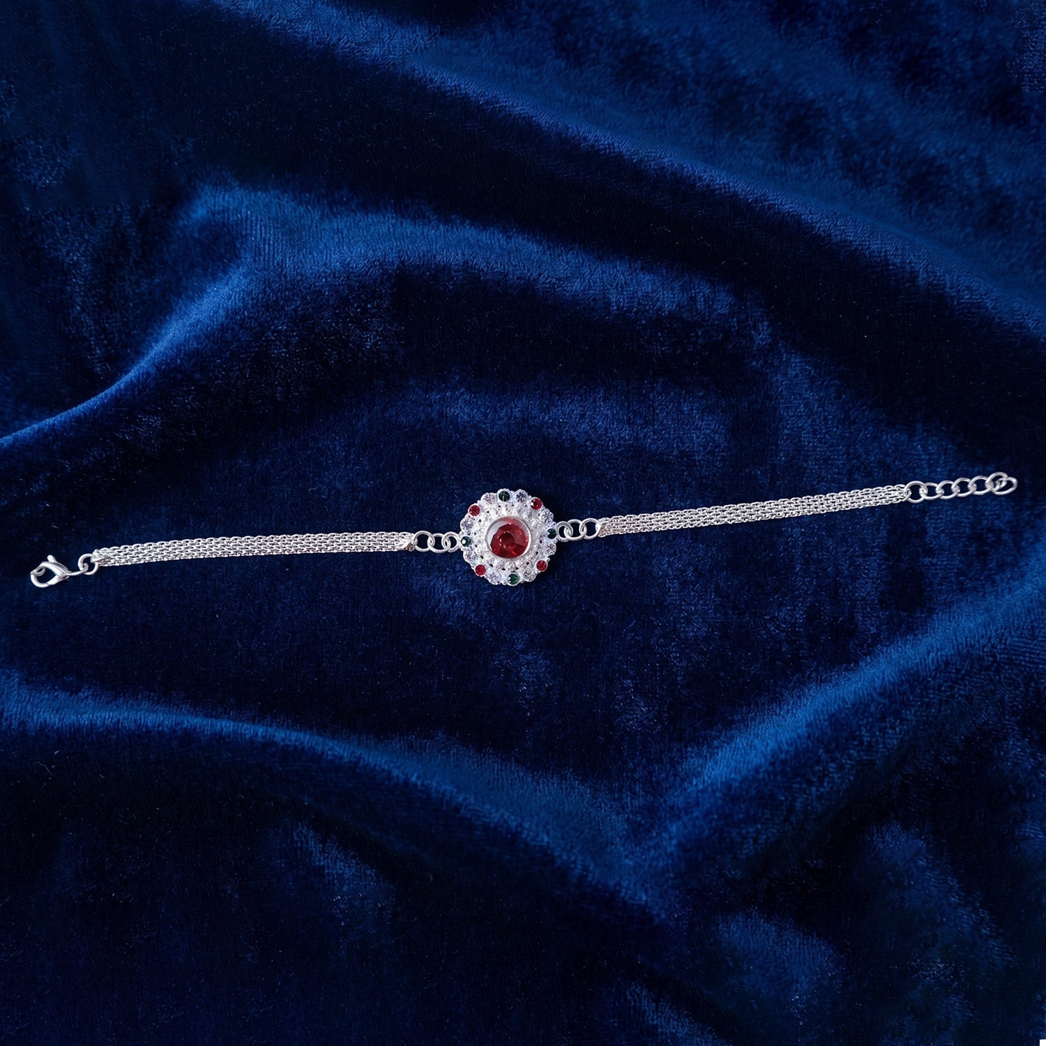 Stylish Silver Stone Chain Rakhi with red stone