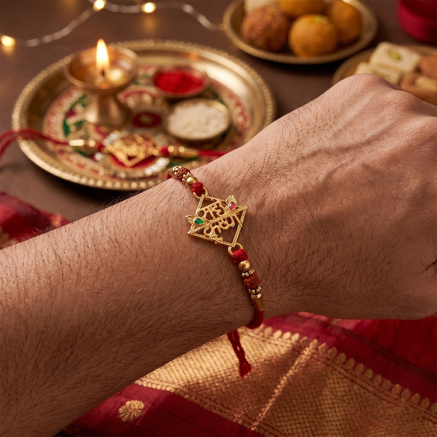 Radhe Krishna Designer Rakhi with Red Thread (1 Pc)