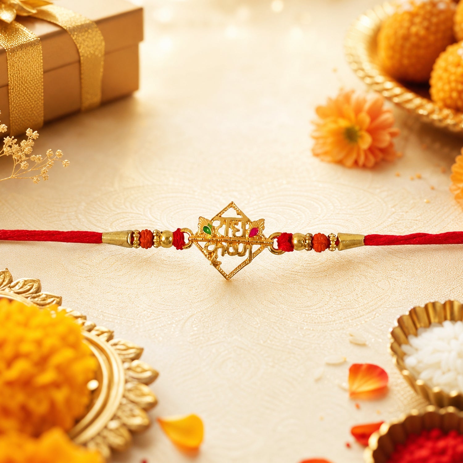 Radhe Krishna Designer Rakhi with Red Thread (1 Pc)