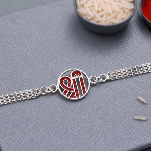 Silver Shree Chain Rakhi full view on white background