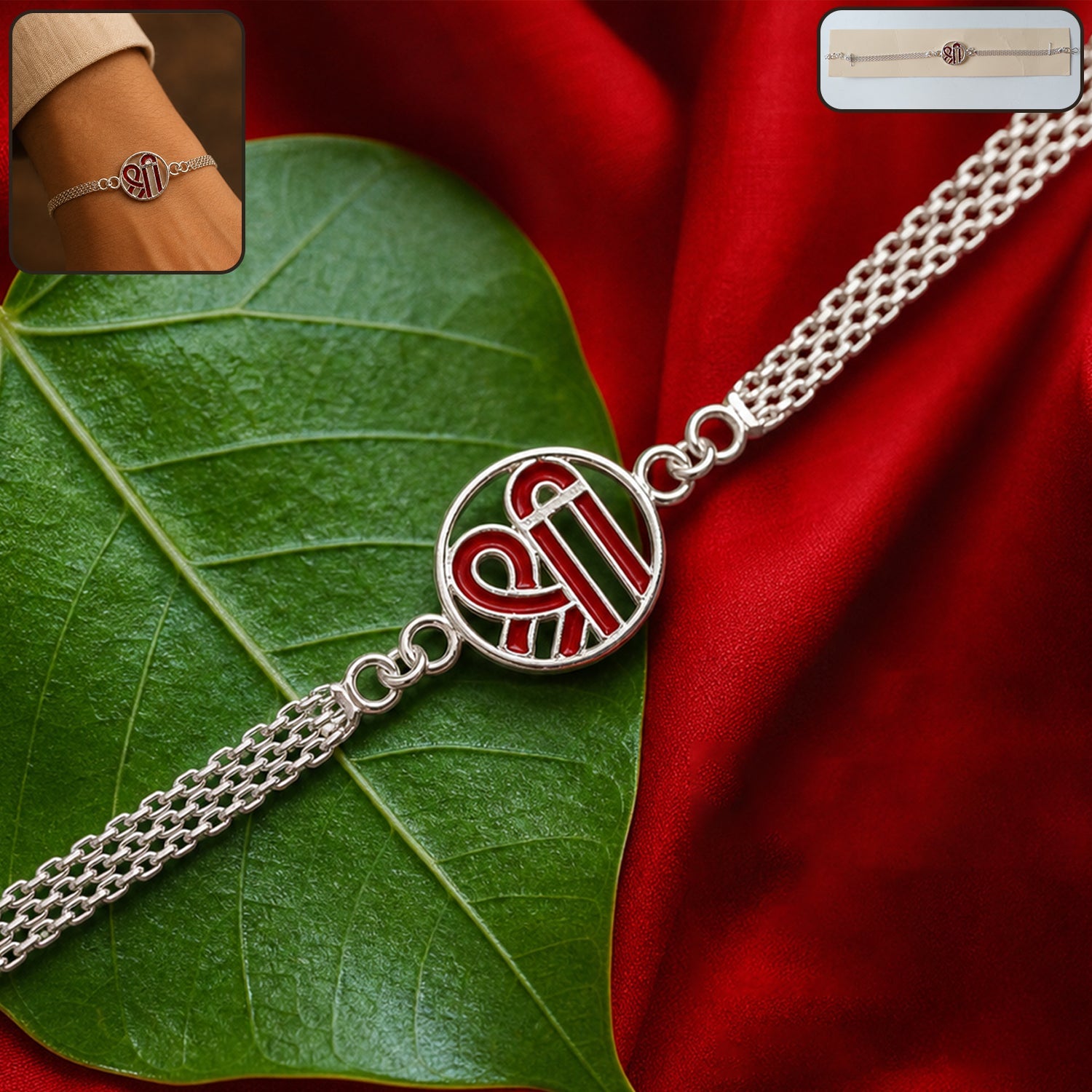 Silver Shree Chain Rakhi with round center plate close-up