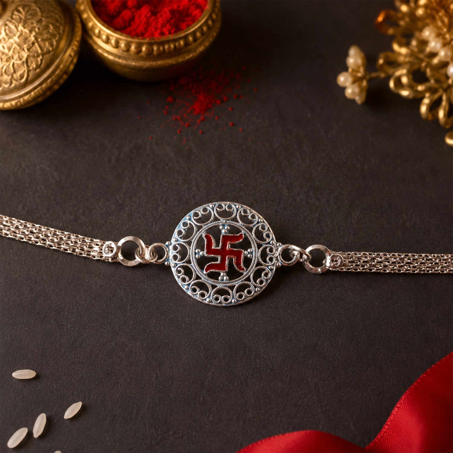 Elegant Silver Swastik Chain Rakhi with Round Designer (1 Pc)