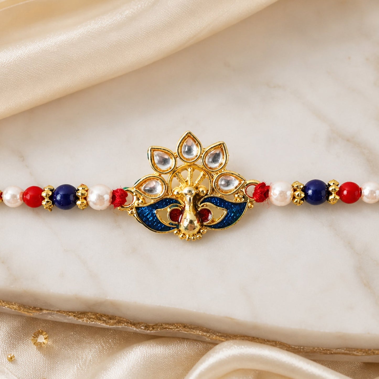 Peacock Designer Rakhi with Pearl Beads and Red Thread (1 Pc)