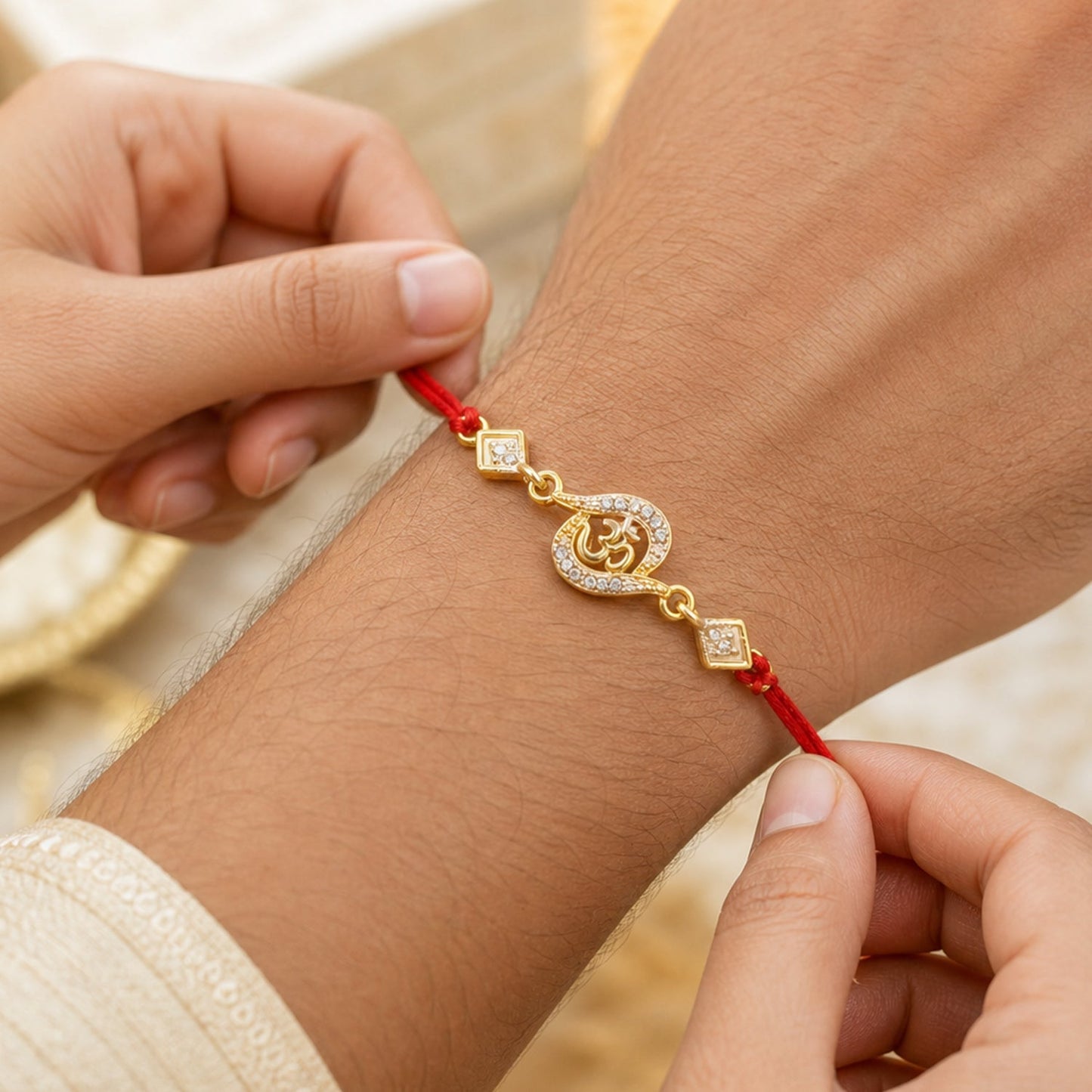 Golden Om Designer Rakhi with Stone Work and Red Thread (1 Pc)