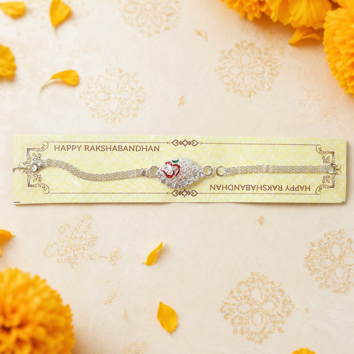 Silver Om Chain Rakhi side angle showing chain