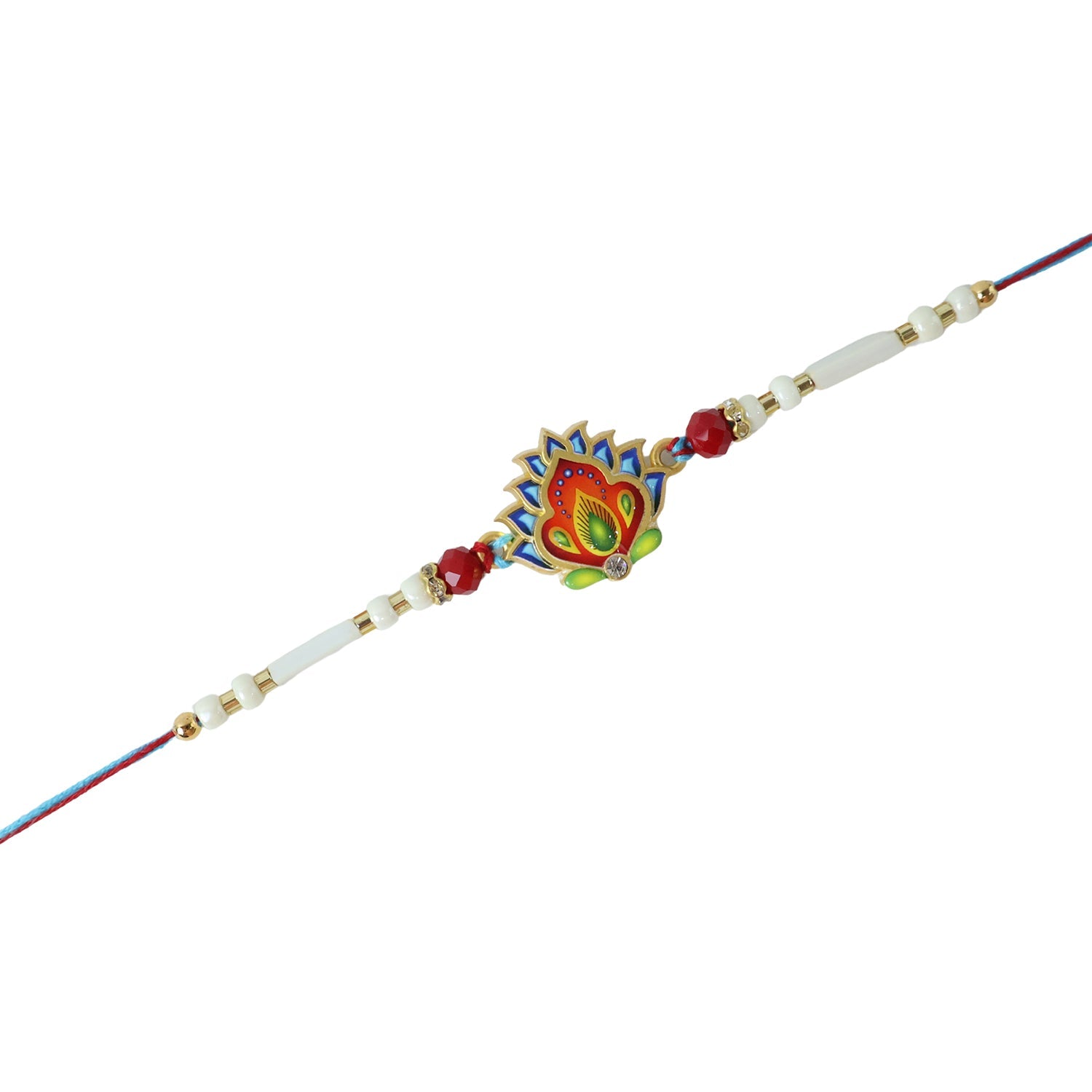 Colorful peacock feather rakhi with neat finishing and beads