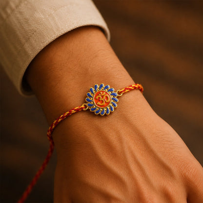 Close-up of Om symbol on Fancy Dori Rakhi for brother