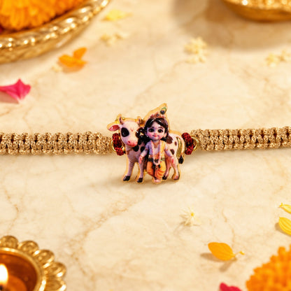 Top view of Krishna Cow fancy dori rakhi