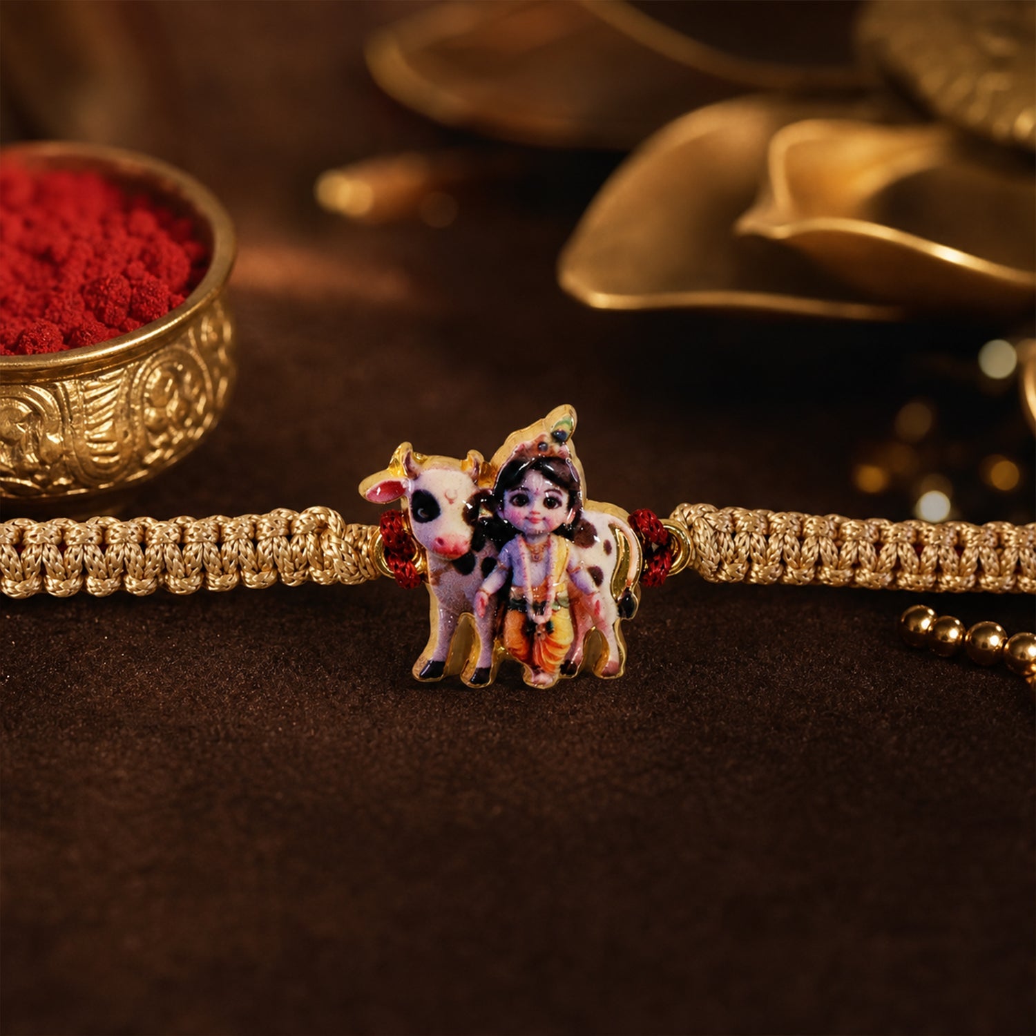 Close-up of Krishna Cow design on fancy dori rakhi