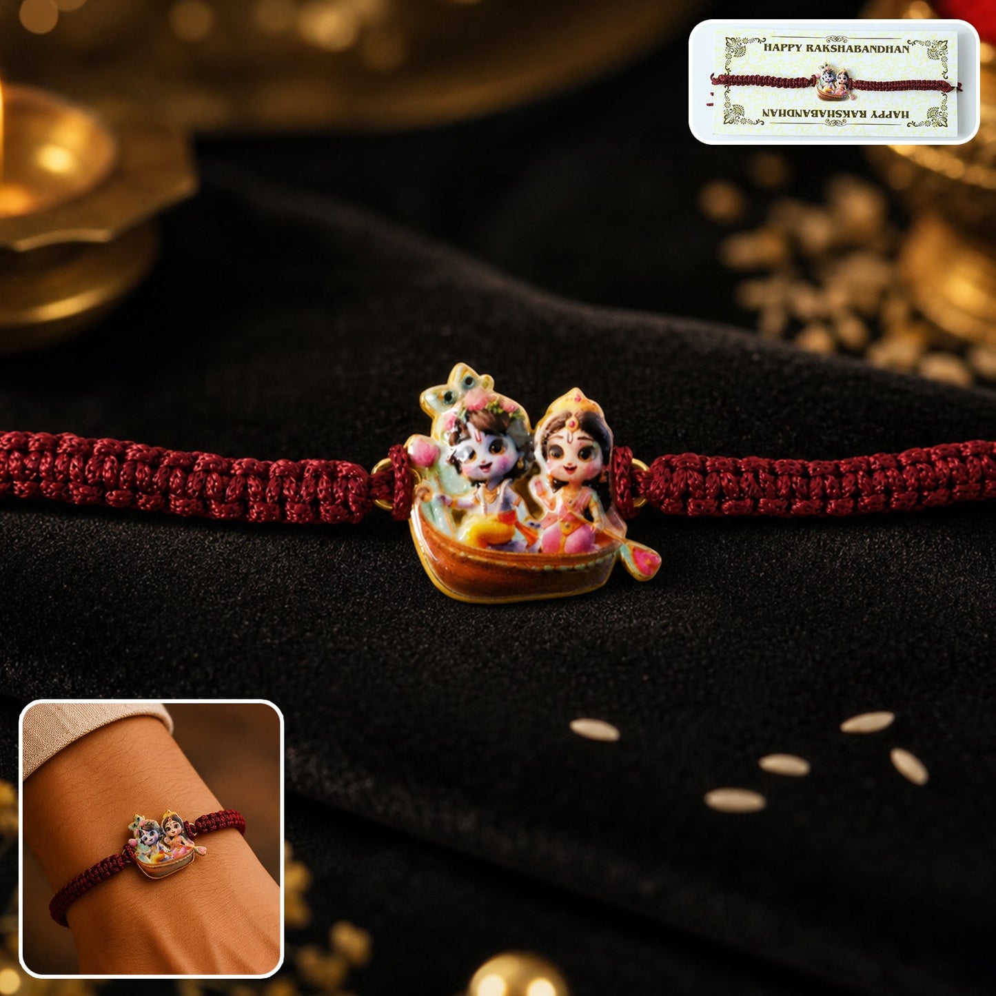 Krishna Boat Design Fancy Dori Rakhi close-up