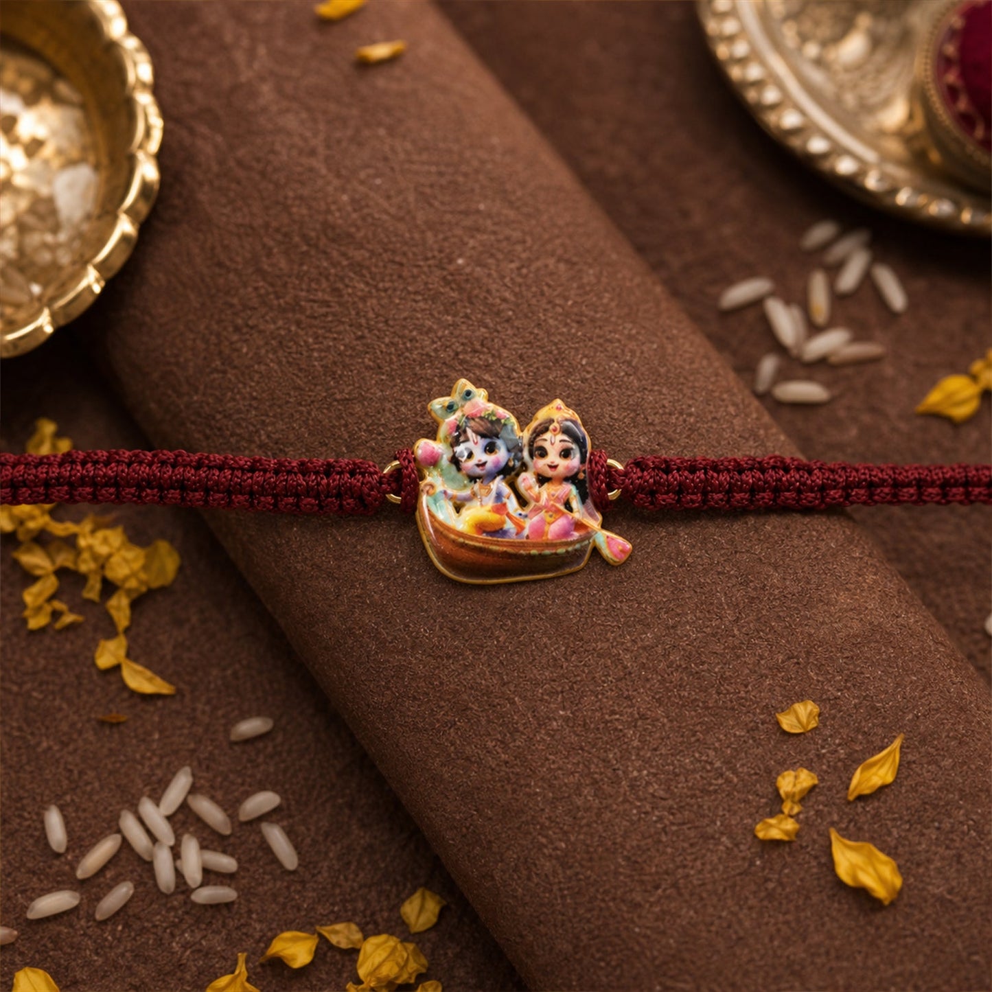 Elegant Krishna Boat design fancy rakhi with dori