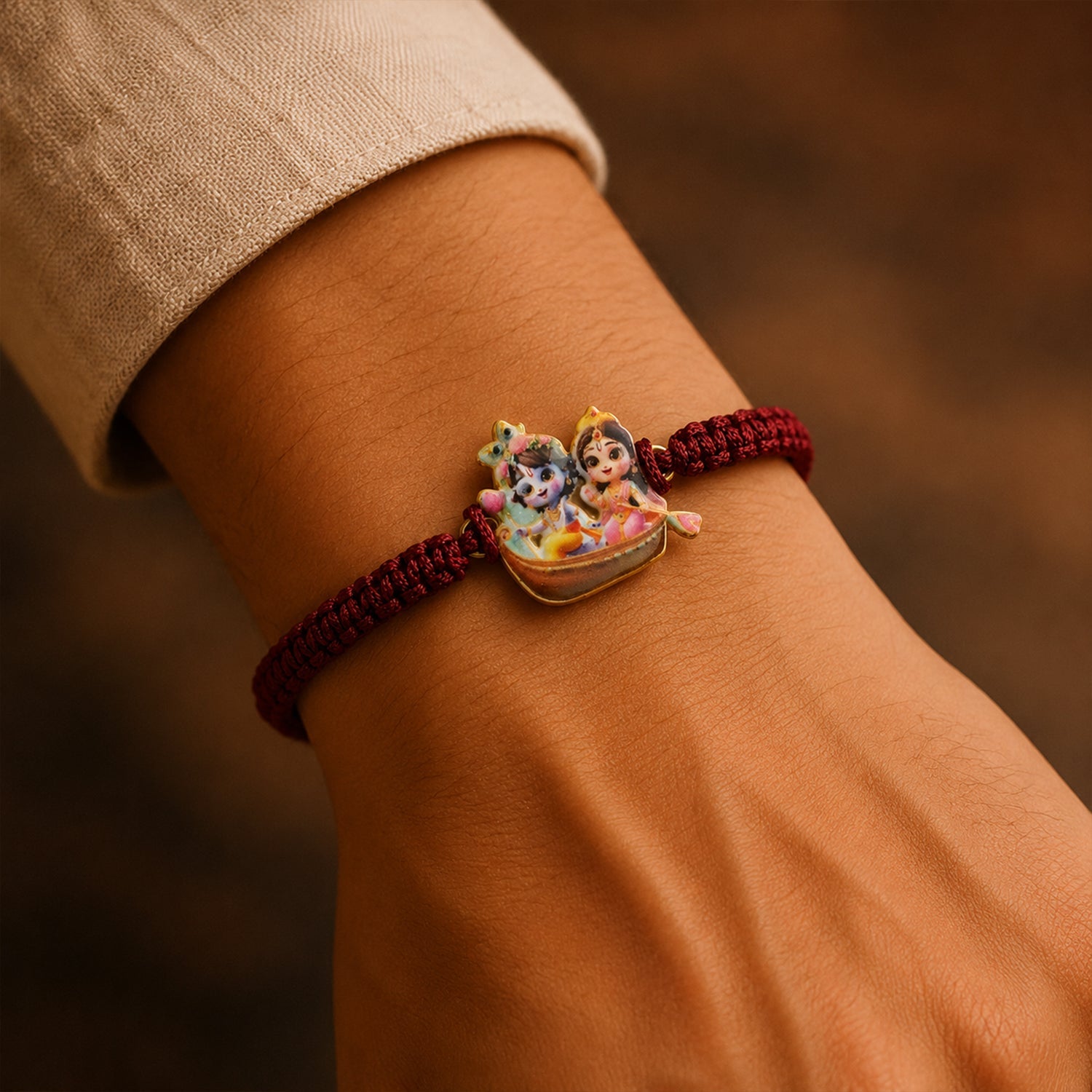 Fancy Dori Rakhi with Krishna Boat design front view