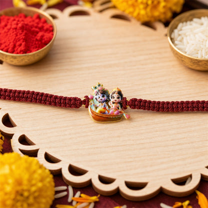 Detailed view of Krishna Boat design on rakhi