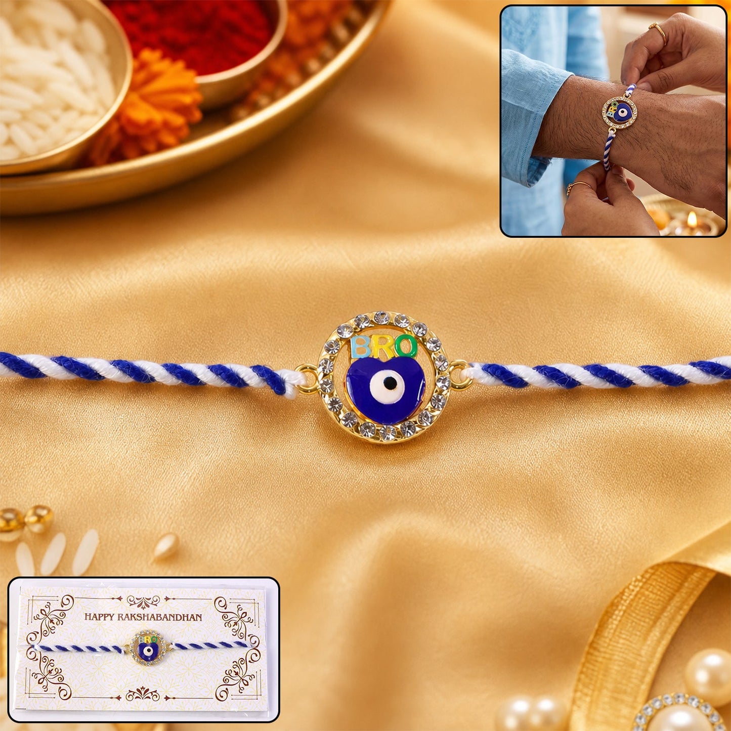 Blue Evil Eye Fancy Dori Rakhi on white background