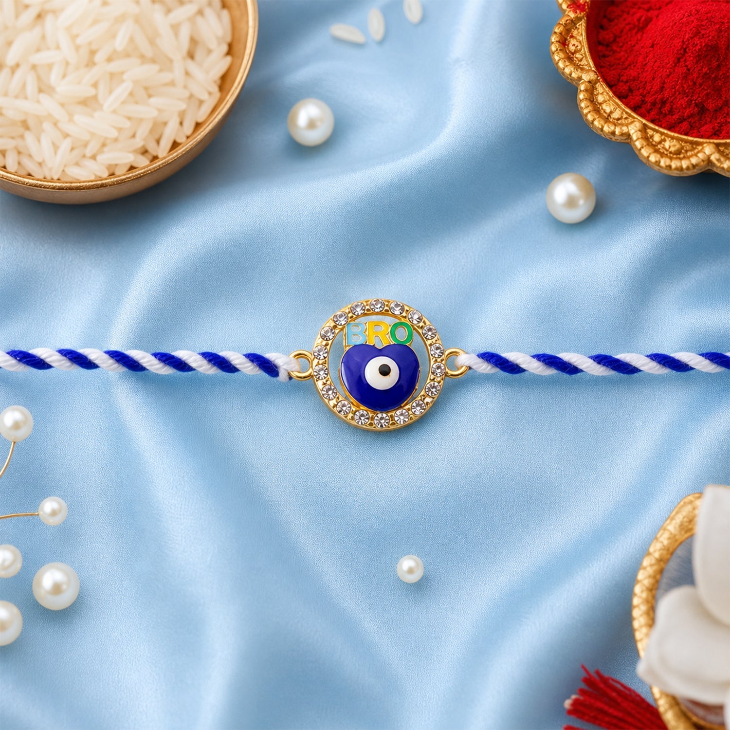 Blue evil eye rakhi with intricate thread work