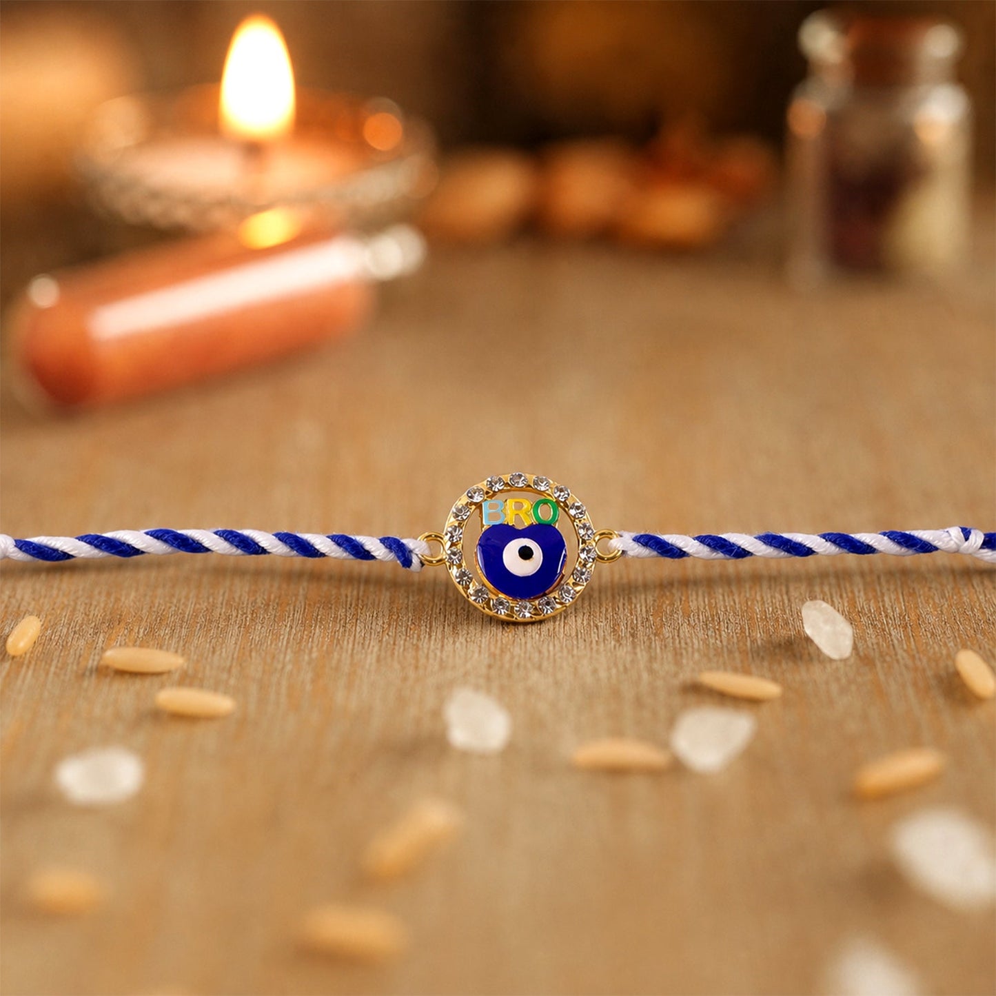 Side view of blue evil eye fancy dori rakhi