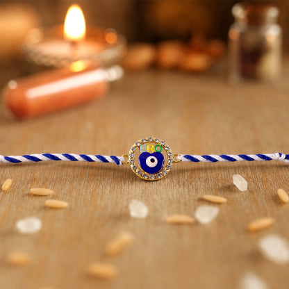 Side view of blue evil eye fancy dori rakhi