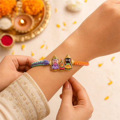 Close-up of Jagannath themed designer rakhi threads