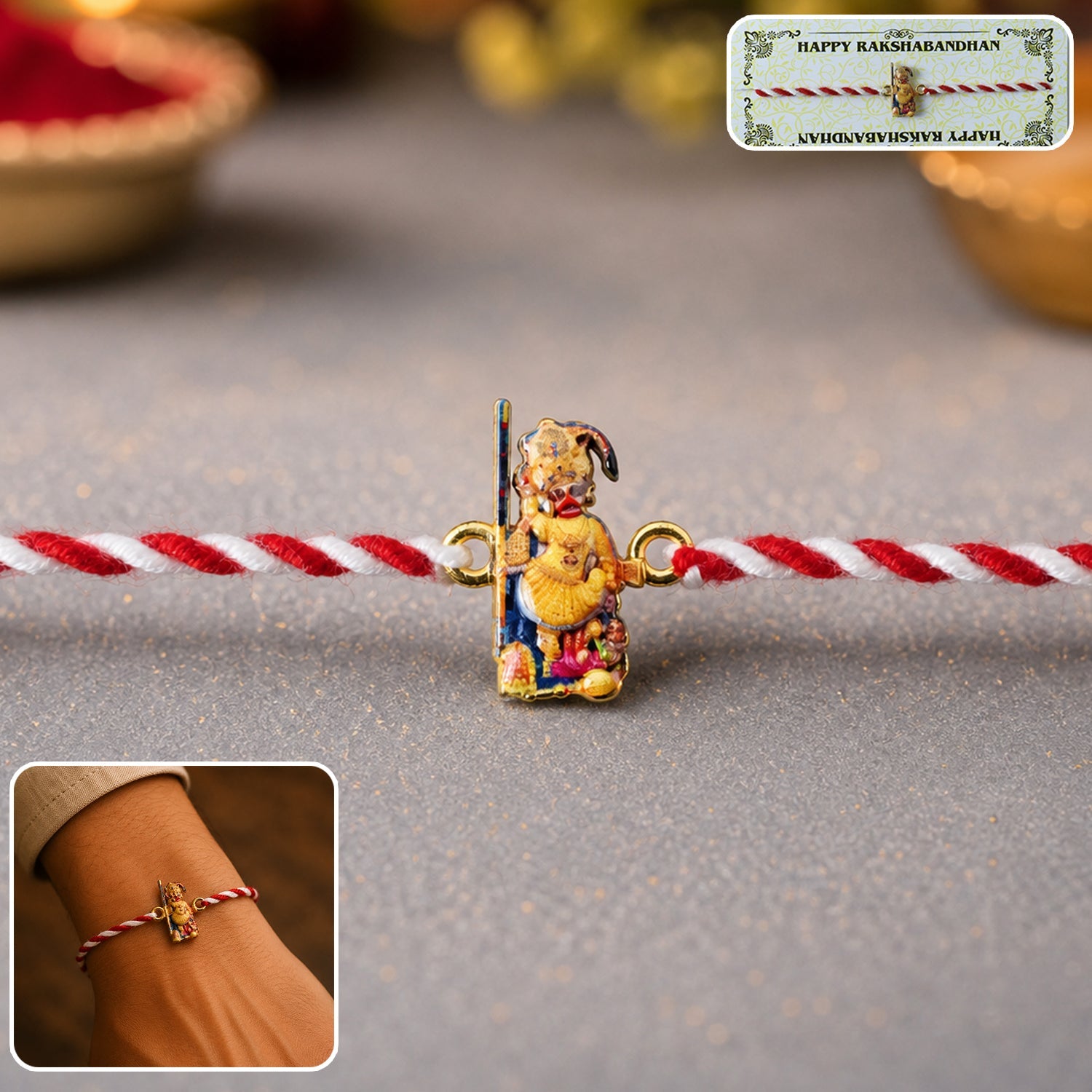 Hanuman Ji designer dori rakhi with orange thread on white background