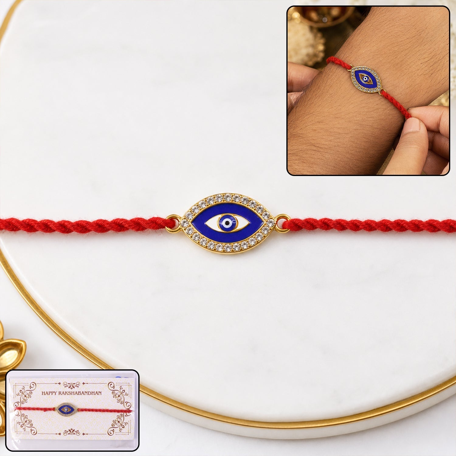 Blue Evil Eye Fancy Dori Rakhi front view
